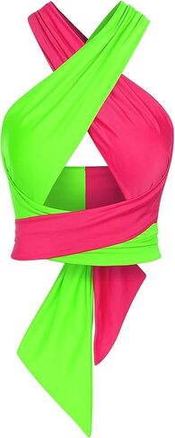 Neon Womens Ribbed Halter Crop Top Ruched Lace up Cropped Criss Cross Wrap Tie Tight Tank Top for 80's Party in Saudi Arabia