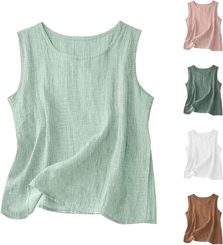 Cotton Linen Tank Tops for Womens Comfy Lounge Wear Summer Sleeveless Crewneck Shirt Casual Blouse Loose Fit Cami in Saudi Arabia