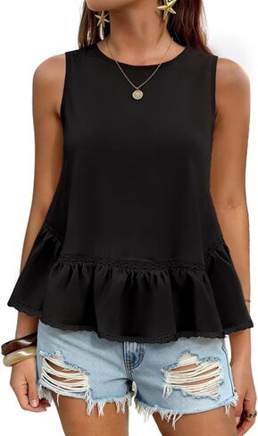 Womens Summer Peplum Babydoll Tank Tops Sleeveless Ruffle Lace Trim Blouse Shirt 2026 Trendy Vacation Boho Outfits in Saudi Arabia