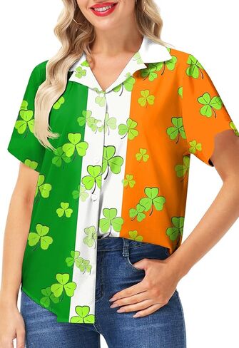 Deerose Womens St Patricks Day Button Down Shirts Shamrock Print Short Sleeve Shirt in Saudi Arabia