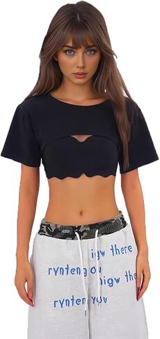 Linsennia Women's Open Front Cropped Bolero Top, Y2K Streetwear Short Sleeve Shrug for Layering Over Tank Tops & Camisoles in Saudi Arabia