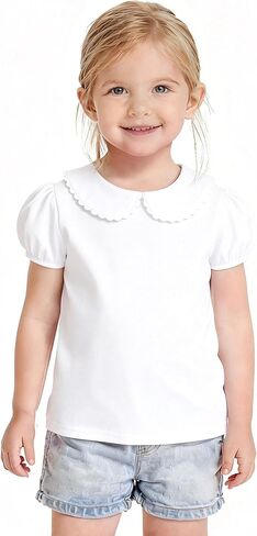 Baby Girls Ruffle Collar Blouse Kids Girl Solid Color T-Shirts Tee Tops (Short White, 18-24 Months) in Kuwait