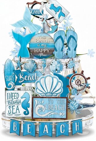 Seeloowy 26 Pcs Swimming Pool Tiered Tray Decoration Summer Wood Signs Summer Kitchen Decoration Rustic Farmhouse Summer Tiered Tray Table Decorations for Summer Home Party in Kuwait