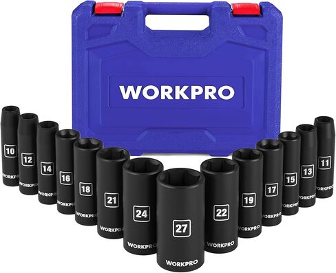 WORKPRO 14-Piece 1/2＂ Drive Deep Impact Socket Set, 6-Point Impact Deep Socket Set with Heavy Duty Storage Case for Automotive and Mechanical Repairs, 10mm-27mm, Cr-V Steel, Metric in Kuwait