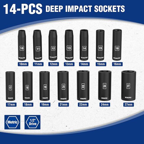 WORKPRO 14-Piece 1/2＂ Drive Deep Impact Socket Set, 6-Point Impact Deep Socket Set with Heavy Duty Storage Case for Automotive and Mechanical Repairs, 10mm-27mm, Cr-V Steel, Metric in Kuwait