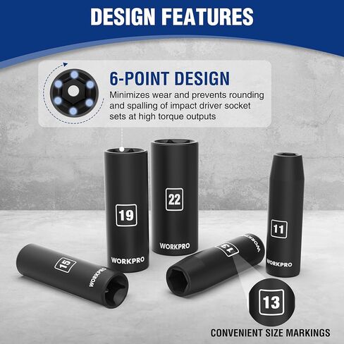 WORKPRO 14-Piece 1/2＂ Drive Deep Impact Socket Set, 6-Point Impact Deep Socket Set with Heavy Duty Storage Case for Automotive and Mechanical Repairs, 10mm-27mm, Cr-V Steel, Metric in Kuwait