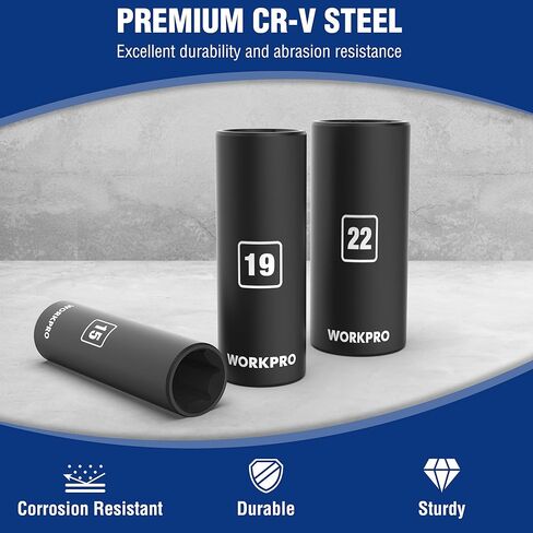 WORKPRO 14-Piece 1/2＂ Drive Deep Impact Socket Set, 6-Point Impact Deep Socket Set with Heavy Duty Storage Case for Automotive and Mechanical Repairs, 10mm-27mm, Cr-V Steel, Metric in Kuwait