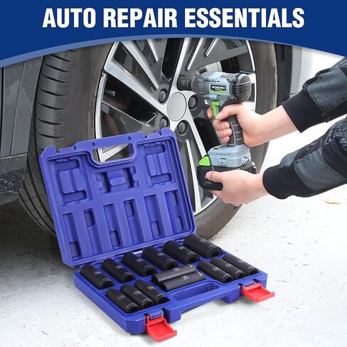 WORKPRO 14-Piece 1/2＂ Drive Deep Impact Socket Set, 6-Point Impact Deep Socket Set with Heavy Duty Storage Case for Automotive and Mechanical Repairs, 10mm-27mm, Cr-V Steel, Metric in Kuwait