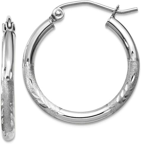 10k White Gold Satin and Sparkle-Cut 2mm Round Hoop Earrings 20mm Long 2mm Thick Hoop Earring for Women in Saudi Arabia