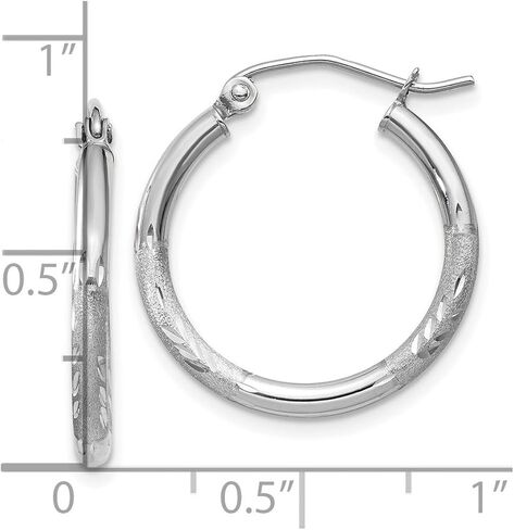 10k White Gold Satin and Sparkle-Cut 2mm Round Hoop Earrings 20mm Long 2mm Thick Hoop Earring for Women in Saudi Arabia