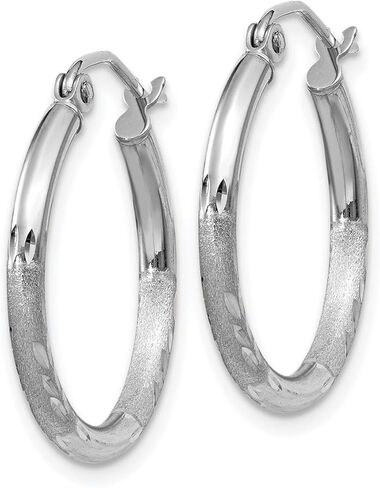 10k White Gold Satin and Sparkle-Cut 2mm Round Hoop Earrings 20mm Long 2mm Thick Hoop Earring for Women in Saudi Arabia