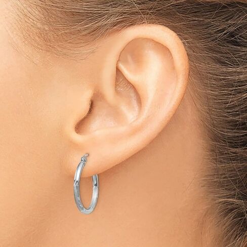 10k White Gold Satin and Sparkle-Cut 2mm Round Hoop Earrings 20mm Long 2mm Thick Hoop Earring for Women in Saudi Arabia