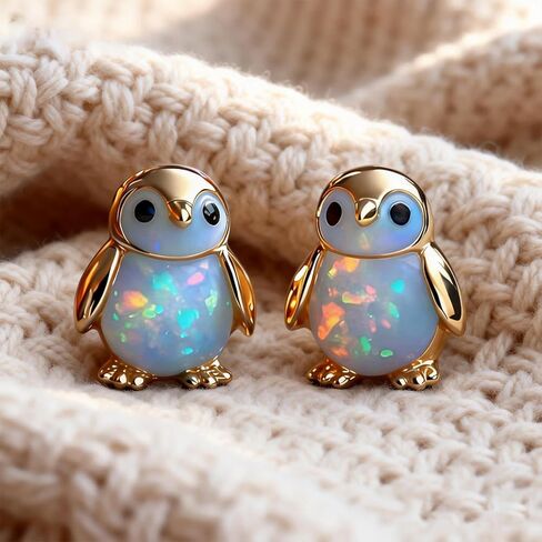 Penguin Opal Stud Earrings, Tiny Gold Plated Penguin Earrings, Animal Shaped Opal Stud Jewelry, Suitable Dainty Stud Gifts for Women in Saudi Arabia