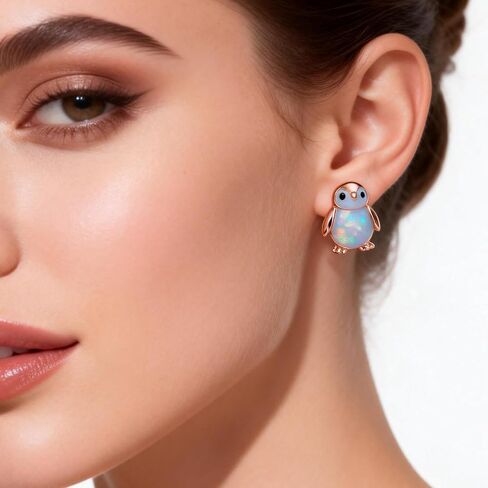 Penguin Opal Stud Earrings, Tiny Gold Plated Penguin Earrings, Animal Shaped Opal Stud Jewelry, Suitable Dainty Stud Gifts for Women in Saudi Arabia