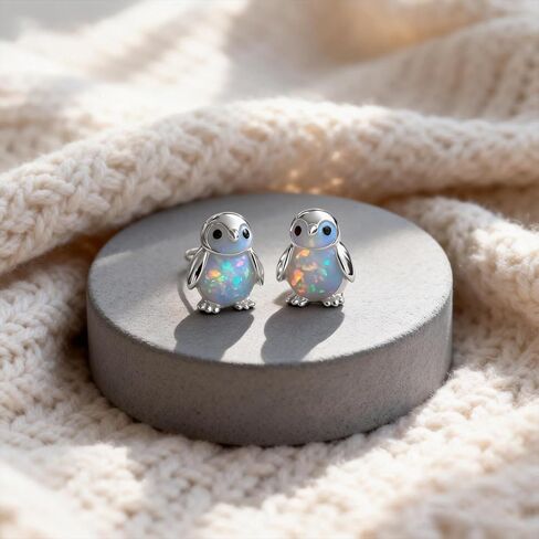 Penguin Opal Stud Earrings, Tiny Gold Plated Penguin Earrings, Animal Shaped Opal Stud Jewelry, Suitable Dainty Stud Gifts for Women in Saudi Arabia