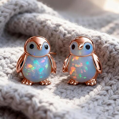 Penguin Opal Stud Earrings, Tiny Gold Plated Penguin Earrings, Animal Shaped Opal Stud Jewelry, Suitable Dainty Stud Gifts for Women in Saudi Arabia