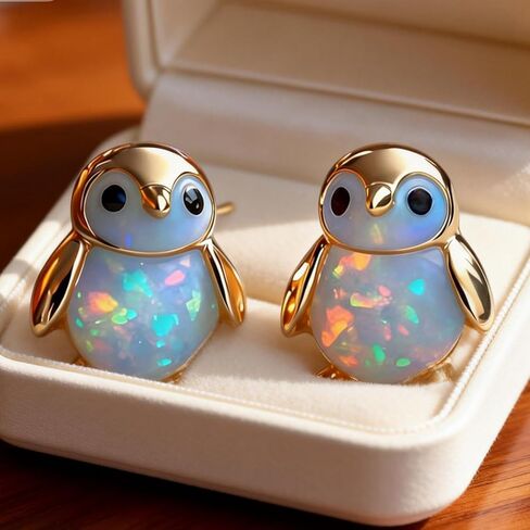 Penguin Opal Stud Earrings, Tiny Gold Plated Penguin Earrings, Animal Shaped Opal Stud Jewelry, Suitable Dainty Stud Gifts for Women in Saudi Arabia