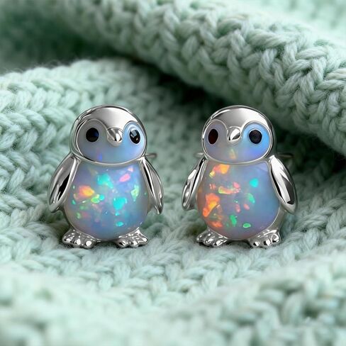 Penguin Opal Stud Earrings, Tiny Gold Plated Penguin Earrings, Animal Shaped Opal Stud Jewelry, Suitable Dainty Stud Gifts for Women in Saudi Arabia