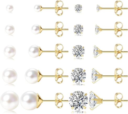 10 أزواج من الأقراط المطلية بالذهب عيار 14 قيراط للنساء، مجموعات مجوهرات لؤلؤية مكعبة الزركونيا مضادة للحساسية أقراط أقراط مرصعة للنساء هدية in Kuwait