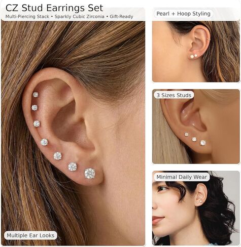 10 أزواج من الأقراط المطلية بالذهب عيار 14 قيراط للنساء، مجموعات مجوهرات لؤلؤية مكعبة الزركونيا مضادة للحساسية أقراط أقراط مرصعة للنساء هدية in Kuwait