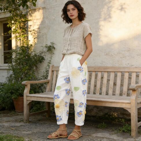 Women's Printed Patterns Wide Pants, Summer Imitation Cotton Casual Beach Pants, Casual Wide Leg Long Lounge with Pocket in Saudi Arabia