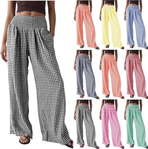 Gingham Pants Women 2026 Wide Leg Elastic Waist Striped Palazzo Trousers Lounge Plaid Pajama Pant with Pockets in Saudi Arabia
