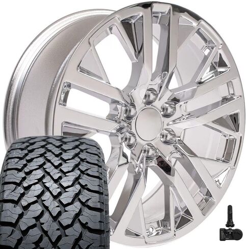 إطارات وإطارات OE Wheels CV38 مقاس 22 بوصة تناسب طراز Sierra 1500 6x139.7 22x9 كروم - هولاندر 5903 - TS-37 AT 285/45-22 (مجموعة من 4) in Saudi Arabia