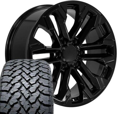 إطارات وإطارات OE Wheels CV69 مقاس 20 بوصة تناسب Silverado 1500 Style 6x139.7 20x9 أسود لامع - هولاندر 5905 - TS-37 AT 275/55-20 (مجموعة من 4) in Saudi Arabia