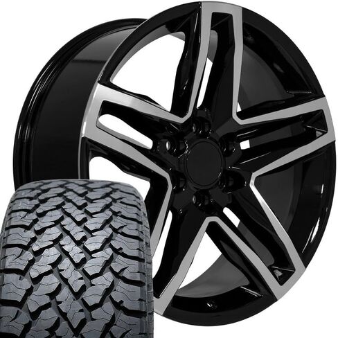 إطارات وإطارات OE Wheels CV34 مقاس 22 بوصة تناسب Silverado 1500 Trail Boss Style 6x139.7 22x9 مصنعة باللون الأسود اللامع - Hollander 5911 - TS-37 AT 285/45-22 (مجموعة من 4) in Saudi Arabia
