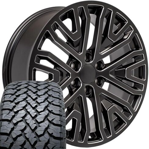 إطارات وإطارات OE Wheels CV37 مقاس 22 بوصة تناسب طراز Sierra 1500 6x139.7 22x9 أسود ساتان مع حافة مطحونة - هولاندر 5906 - TS-37 AT 285/45-22 (مجموعة من 4) in Saudi Arabia