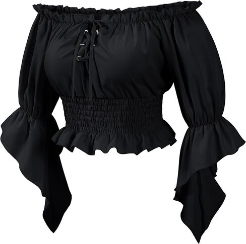 قميص فلاحي فيكتوري من عصر النهضة للسيدات، بلوزة قرصان، زي تنكري، أكمام على شكل جرس in Kuwait