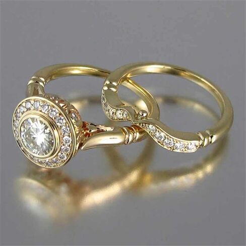Graceful Golden Color 2Pcs Wedding Rings Set for Women Bright Zirconia Jewelry Accessories in Saudi Arabia