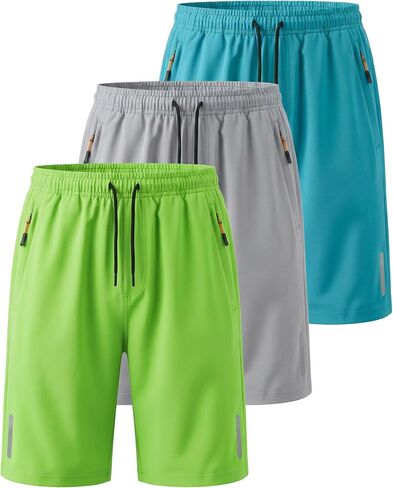 Boys Athletic Shorts 3-Pack, Kids Quick Dry Shorts with Zipper Pockets, Reflective Strip for Basketball, Soccer in Saudi Arabia