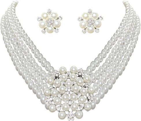 طقم مجوهرات من اللؤلؤ الصناعي وحجر الراين وقلادة متدلية طقم أقراط متدلية من طبقات من اللؤلؤ والكريستال وقلادة متدلية مجموعة أقراط متدلية لحفلات الزفاف والحفلات الراقصة in Kuwait