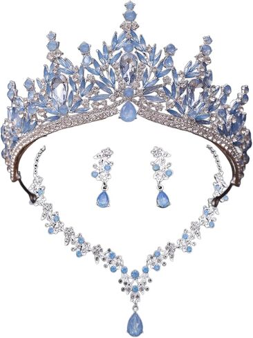 Light Blue Opal Silver Tiara Jewelry Set with Necklace & Earrings – Bridal Crown in Luxury Gift Box for Weddings & Prom in Saudi Arabia
