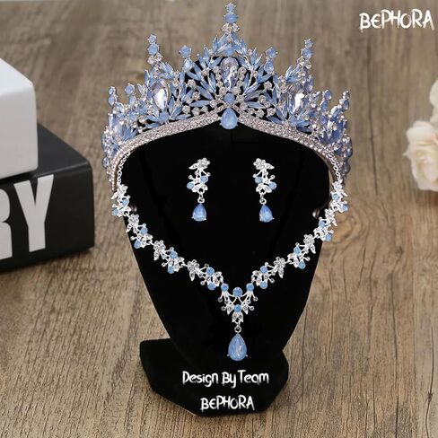 Light Blue Opal Silver Tiara Jewelry Set with Necklace & Earrings – Bridal Crown in Luxury Gift Box for Weddings & Prom in Saudi Arabia