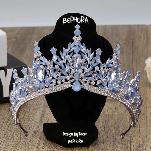 Light Blue Opal Silver Tiara Jewelry Set with Necklace & Earrings – Bridal Crown in Luxury Gift Box for Weddings & Prom in Saudi Arabia