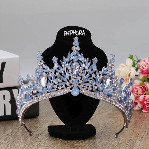 Light Blue Opal Silver Tiara Jewelry Set with Necklace & Earrings – Bridal Crown in Luxury Gift Box for Weddings & Prom in Saudi Arabia