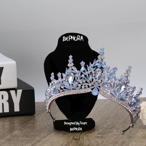 Light Blue Opal Silver Tiara Jewelry Set with Necklace & Earrings – Bridal Crown in Luxury Gift Box for Weddings & Prom in Saudi Arabia