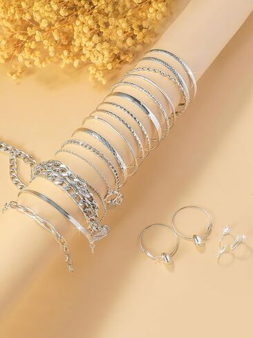 Silver Bangle & Hoop Earring Set for Women – Minimalist Stackable Bracelets with Hoop & Stud Earrings, Trendy Layered Jewelry Set, Adjustable Fashion Accessories for Daily Wear & Parties in Saudi Arabia