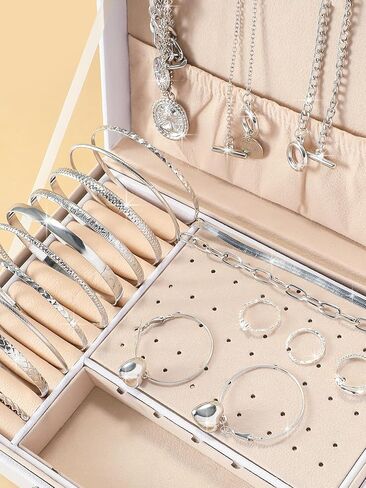Silver Bangle & Hoop Earring Set for Women – Minimalist Stackable Bracelets with Hoop & Stud Earrings, Trendy Layered Jewelry Set, Adjustable Fashion Accessories for Daily Wear & Parties in Saudi Arabia