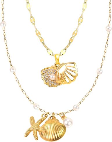 Ocean Shell Necklace Set - Beach Vacation Jewelry with White Bead and Glass Accents for Women, Summer Seaside Accessories, Two-Layer Adjustable depandent necklace as gifts for her (FSY773XL+JX001) in Saudi Arabia