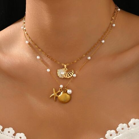 Ocean Shell Necklace Set - Beach Vacation Jewelry with White Bead and Glass Accents for Women, Summer Seaside Accessories, Two-Layer Adjustable depandent necklace as gifts for her (FSY773XL+JX001) in Saudi Arabia