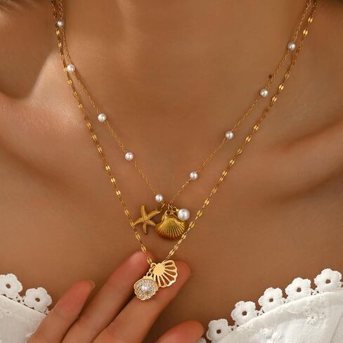 Ocean Shell Necklace Set - Beach Vacation Jewelry with White Bead and Glass Accents for Women, Summer Seaside Accessories, Two-Layer Adjustable depandent necklace as gifts for her (FSY773XL+JX001) in Saudi Arabia