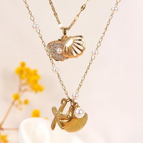 Ocean Shell Necklace Set - Beach Vacation Jewelry with White Bead and Glass Accents for Women, Summer Seaside Accessories, Two-Layer Adjustable depandent necklace as gifts for her (FSY773XL+JX001) in Saudi Arabia