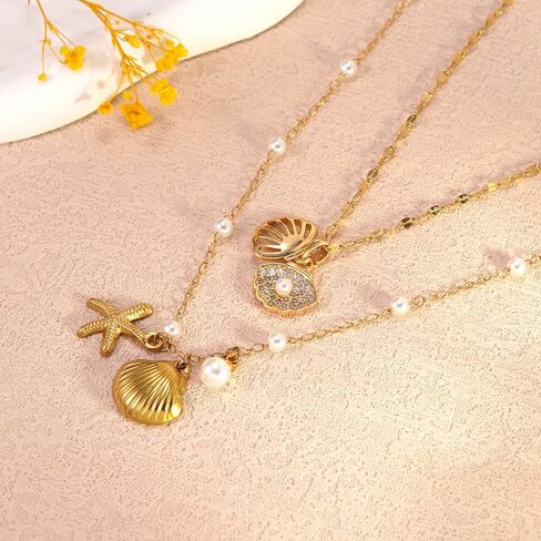 Ocean Shell Necklace Set - Beach Vacation Jewelry with White Bead and Glass Accents for Women, Summer Seaside Accessories, Two-Layer Adjustable depandent necklace as gifts for her (FSY773XL+JX001) in Saudi Arabia
