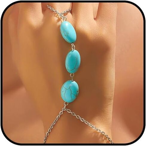 Dainty Turquoise Western Hand Finger Chain Bracelet Ring for Women Statement, Simple Trendy Silver Beads Bracelets Party Jewelry Costume Accessories in Saudi Arabia