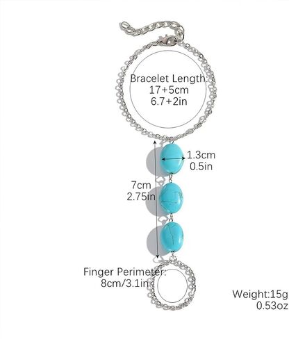 Dainty Turquoise Western Hand Finger Chain Bracelet Ring for Women Statement, Simple Trendy Silver Beads Bracelets Party Jewelry Costume Accessories in Saudi Arabia