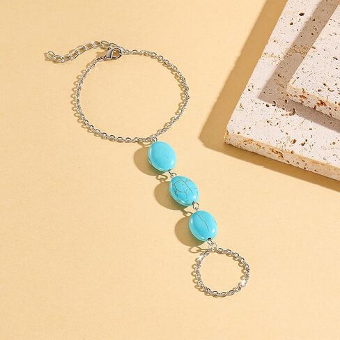 Dainty Turquoise Western Hand Finger Chain Bracelet Ring for Women Statement, Simple Trendy Silver Beads Bracelets Party Jewelry Costume Accessories in Saudi Arabia