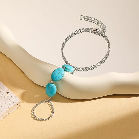 Dainty Turquoise Western Hand Finger Chain Bracelet Ring for Women Statement, Simple Trendy Silver Beads Bracelets Party Jewelry Costume Accessories in Saudi Arabia
